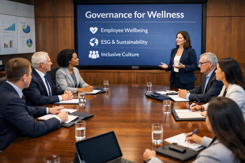 Corporate leadership discussing wellness governance strategy in a boardroom